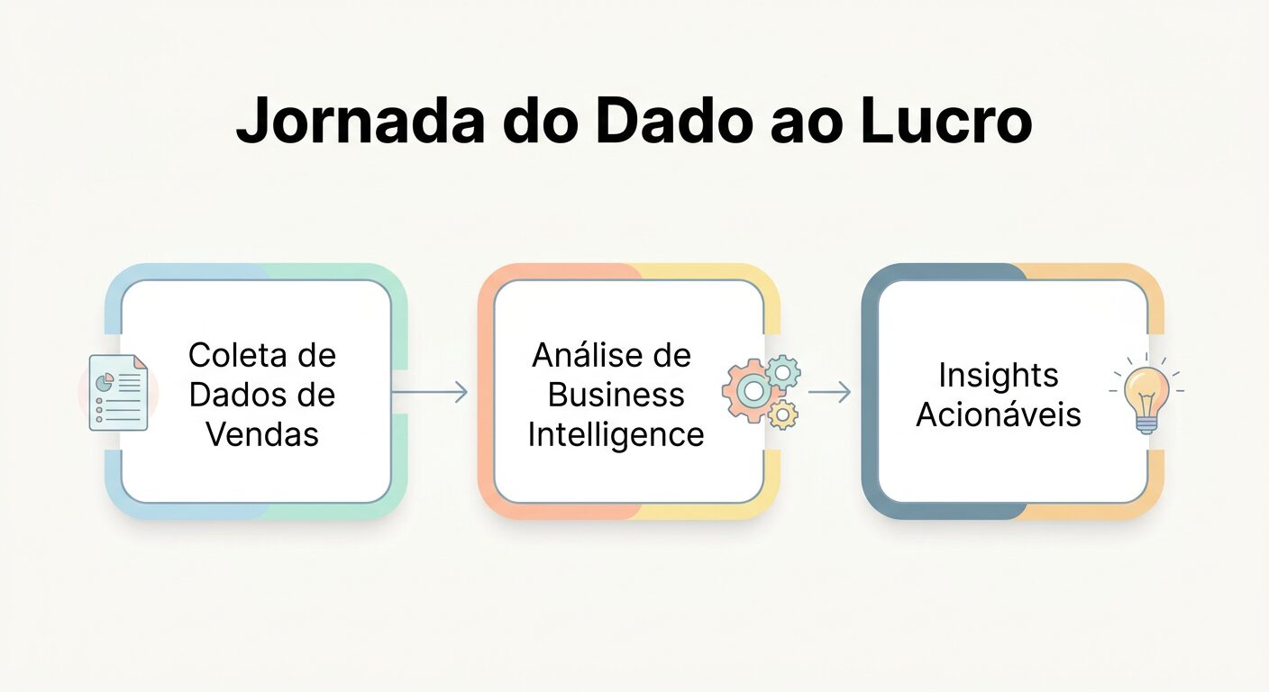 Infográfico de fluxo minimalista mostrando a 'Jornada do Dado ao Lucro' em três etapas: 'Coleta de Dados de Vendas', 'Análise de Business Intelligence' e 'Insights Acionáveis', com ícones representativos e cores pastel.