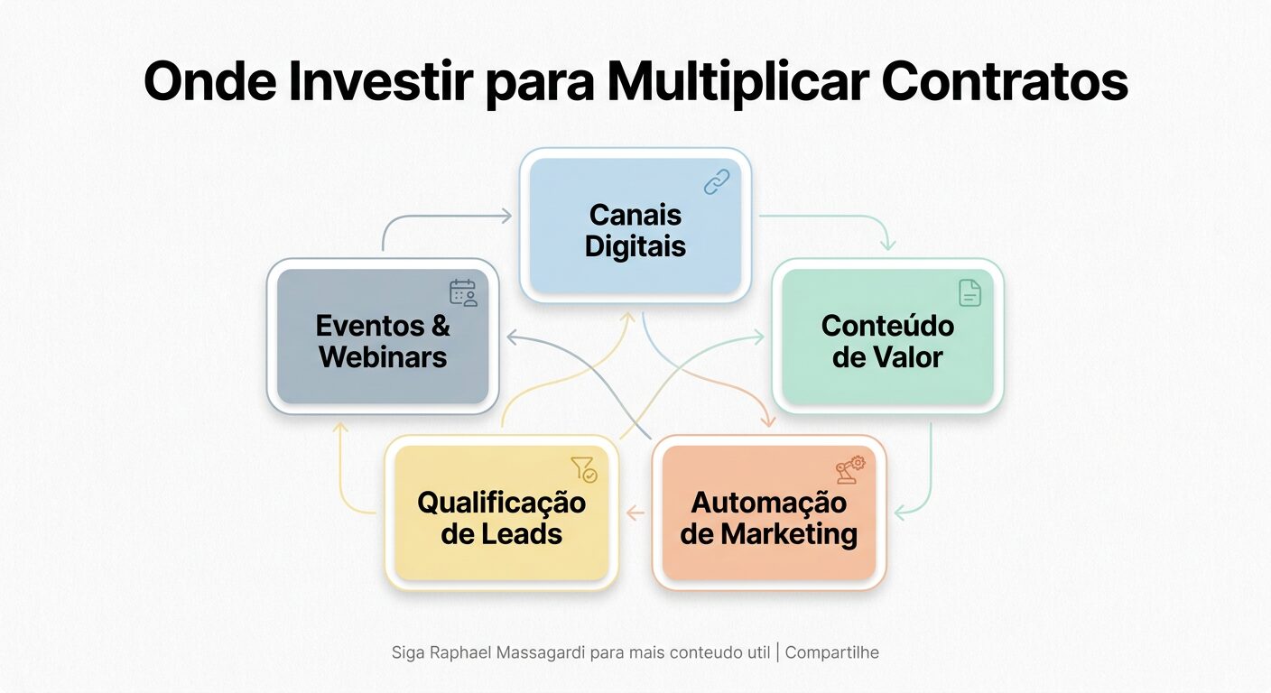 Infográfico minimalista pastel mostrando um diagrama de cards conectados com o título 'Onde Investir para Multiplicar Contratos'. Os cards detalham áreas como 'Canais Digitais', 'Conteúdo de Valor' e 'Automação de Marketing', com texto em português e cores suaves.