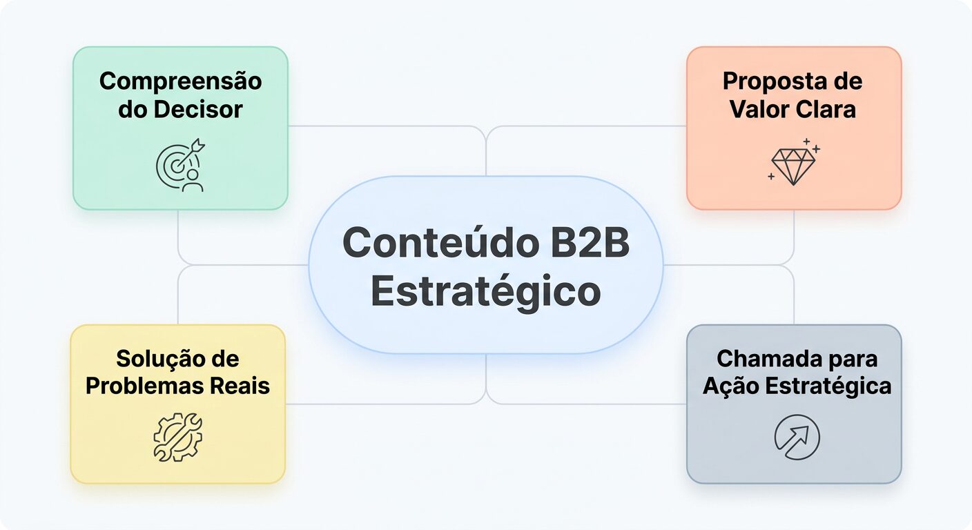 Infográfico minimalista com fundo off-white. O conceito central 'Conteúdo B2B Estratégico' é rodeado por quatro cards arredondados em tons pastel. Cada card representa um pilar: 'Compreensão do Decisor', 'Proposta de Valor Clara', 'Solução de Problemas Reais' e 'Chamada para Ação Estratégica', acompanhados de ícones abstratos e linhas finas. O design é limpo, com muito espaço em branco.