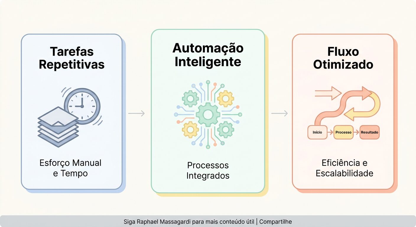 Infográfico pastel e minimalista mostrando a transição de 'Tarefas Repetitivas' para 'Fluxo Otimizado' através de 'Automação Inteligente', com ícones abstratos e setas discretas.