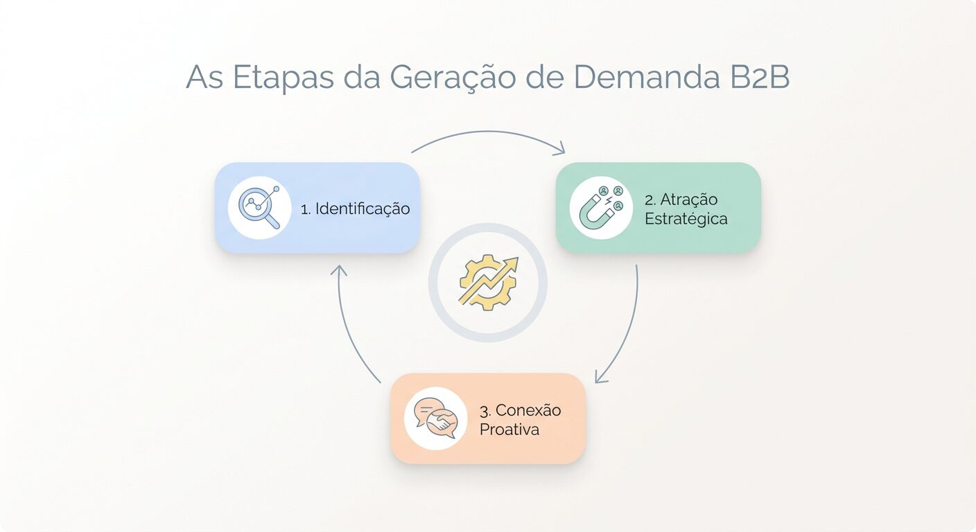 Infográfico minimalista com um diagrama de fluxo circular em três etapas sobre um fundo off-white. As etapas são 'Identificação', 'Atração Estratégica' e 'Conexão Proativa', cada uma com um ícone simples e cores pastel, representando o processo de geração de demanda B2B.