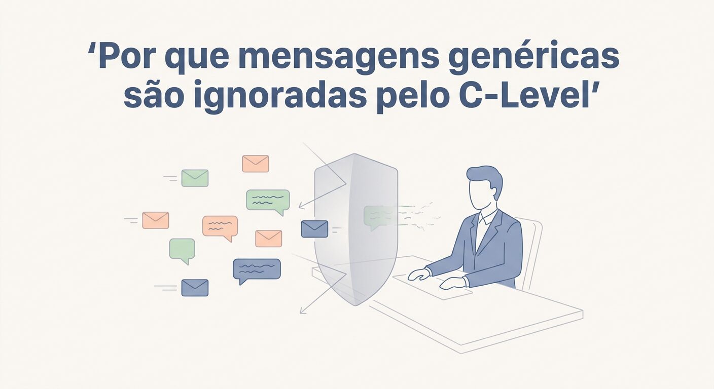 Ilustração editorial minimalista mostrando um executivo C-Level abstrato atrás de um escudo invisível, com mensagens de marketing genéricas sendo ignoradas ou rebatidas, simbolizando a falha de abordagens não personalizadas.
