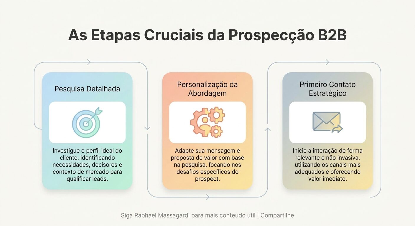 Infográfico minimalista e didático sobre as etapas cruciais da prospecção B2B. A imagem apresenta três cards em tons pastel com texto em português: Pesquisa Detalhada, Personalização da Abordagem e Primeiro Contato Estratégico, cada um com um ícone representativo. Layout clean e com muito espaço em branco.