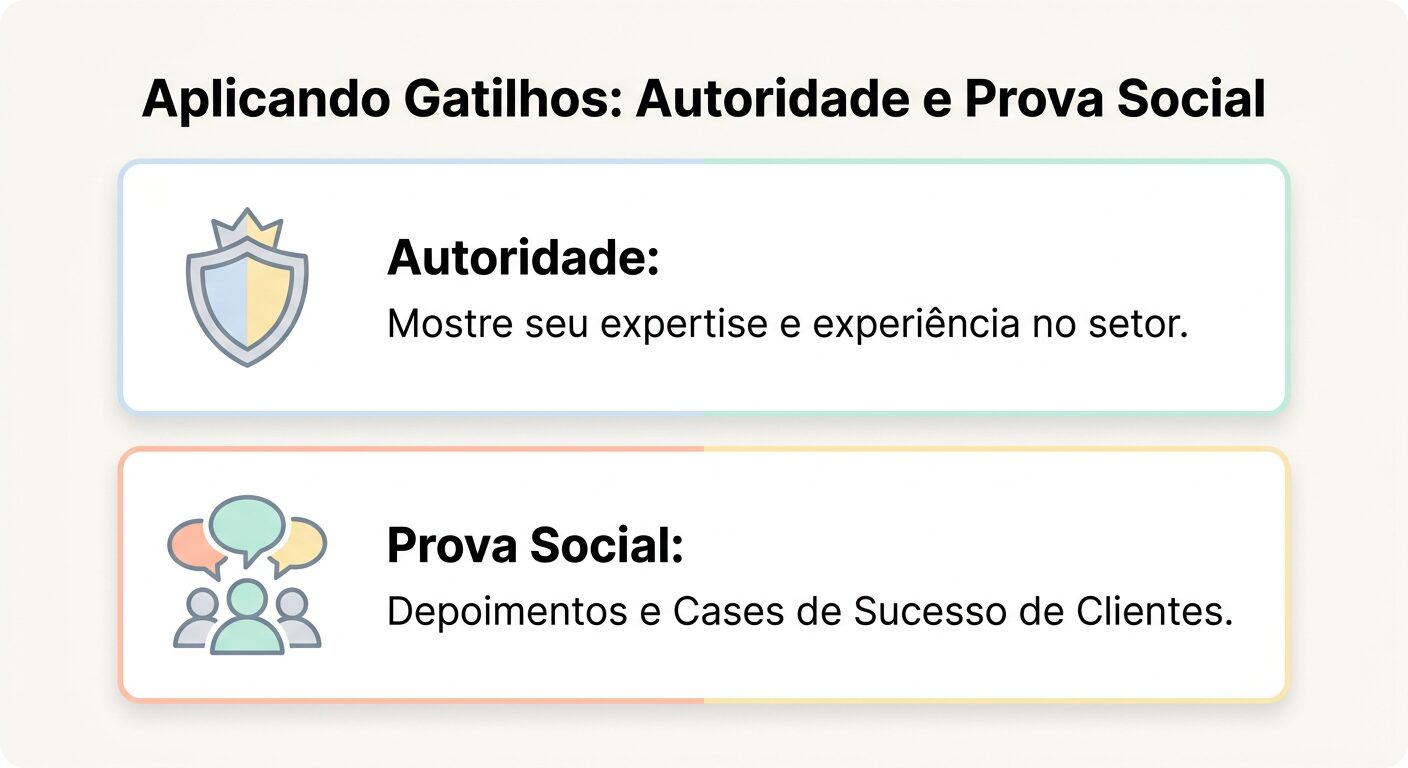 Infográfico minimalista em tons pastel com duas seções principais. A superior, 'Autoridade', possui um ícone de certificado e a frase 'Mostre seu expertise e experiência no setor.'. A inferior, 'Prova Social', tem um ícone de depoimentos e a frase 'Depoimentos e Cases de Sucesso de Clientes.'. O título geral é 'Aplicando Gatilhos: Autoridade e Prova Social'. Fundo off-white.