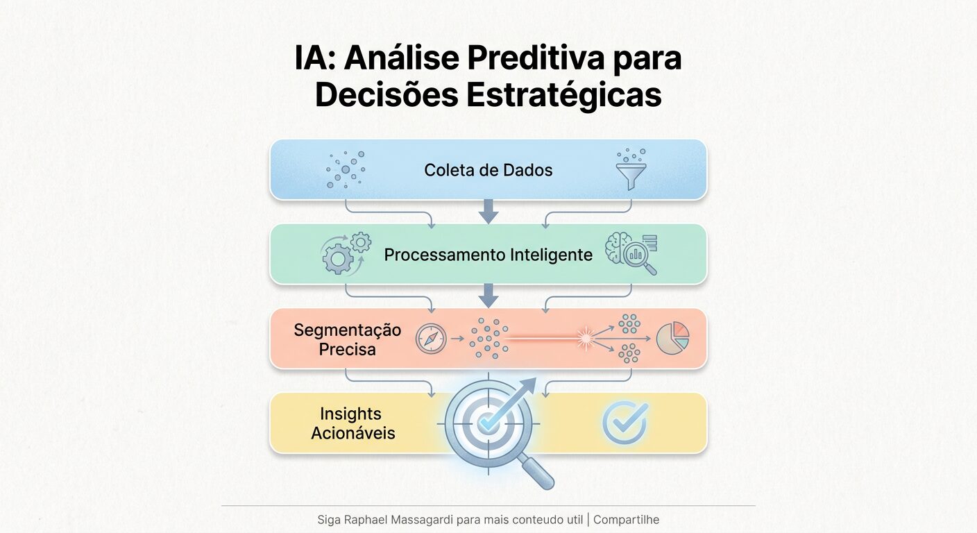 Infográfico minimalista com um diagrama de fluxo em camadas, em tons pastel suaves, contra um fundo off-white. O título é "IA: Análise Preditiva para Decisões Estratégicas". O diagrama mostra quatro etapas em Português: "Coleta de Dados", "Processamento Inteligente", "Segmentação Precisa" e "Insights Acionáveis", com setas discretas indicando o fluxo. O design é limpo e focado na precisão. Um rodapé discreto em cinza claro exibe "Siga Raphael Massagardi para mais conteudo util | Compartilhe".
