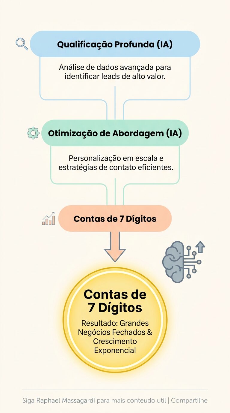 Infográfico minimalista em formato de funil ou camadas, descrevendo a jornada para conquistar contas de 7 dígitos através da IA, com etapas de qualificação profunda e otimização de abordagem, em cores pastel.