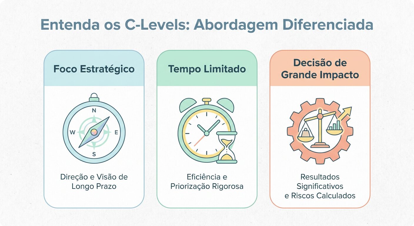 Infográfico minimalista em tons pastel que detalha as características dos C-Levels. Três cards arredondados e distintos, com ícones simples, explicam: Foco Estratégico, Tempo Limitado e Decisão de Grande Impacto. Título: Entenda os C-Levels: Abordagem Diferenciada.