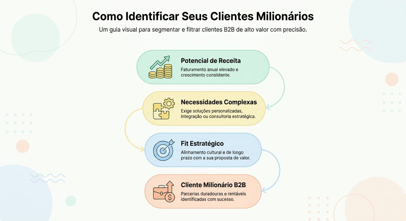 Infográfico minimalista mostrando três critérios para identificar clientes B2B milionários: 'Potencial de Receita', 'Necessidades Complexas' e 'Fit Estratégico', representados por ícones em círculos interconectados. O título é 'Como Identificar Seus Clientes Milionários'.
