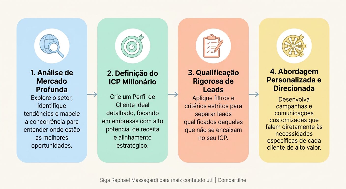 Infográfico minimalista em um fluxo sequencial com quatro etapas: 'Análise de Mercado Profunda', 'Definição do ICP Milionário', 'Qualificação Rigorosa de Leads' e 'Abordagem Personalizada e Direcionada' para identificar clientes de alto valor.