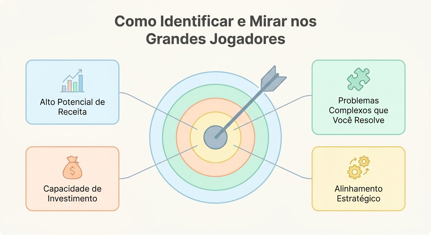 Infográfico minimalista mostrando como identificar grandes clientes B2B. O design central é um alvo atingido por uma flecha, e quatro cards descrevem as características principais: 'Alto Potencial de Receita', 'Problemas Complexos que Você Resolve', 'Capacidade de Investimento' e 'Alinhamento Estratégico'. Cores pastel, layout clean.