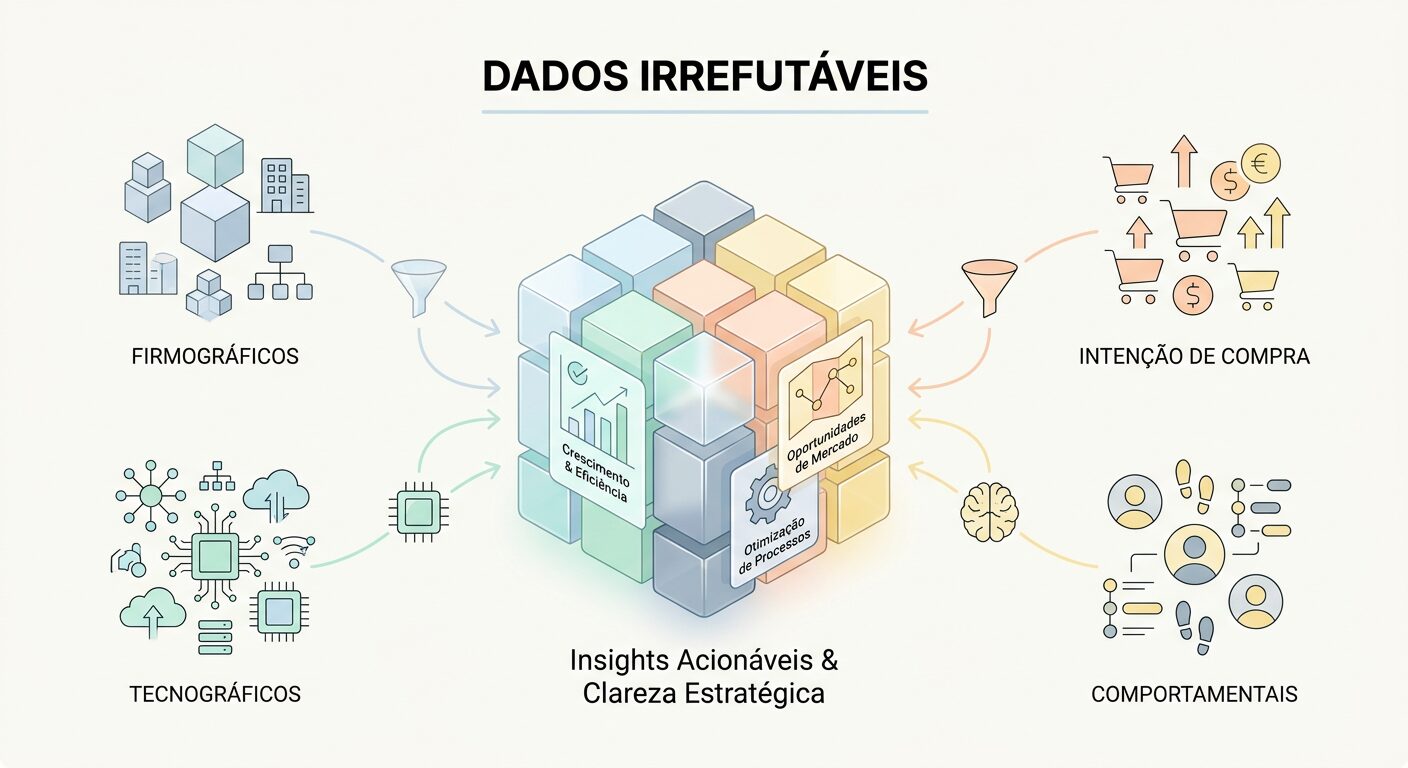 Infográfico minimalista apresentando diferentes tipos de 'Dados Irrefutáveis' para prospecção B2B, como firmográficos, tecnográficos, de intenção e comportamentais, transformados em insights claros, com design clean e pastel.