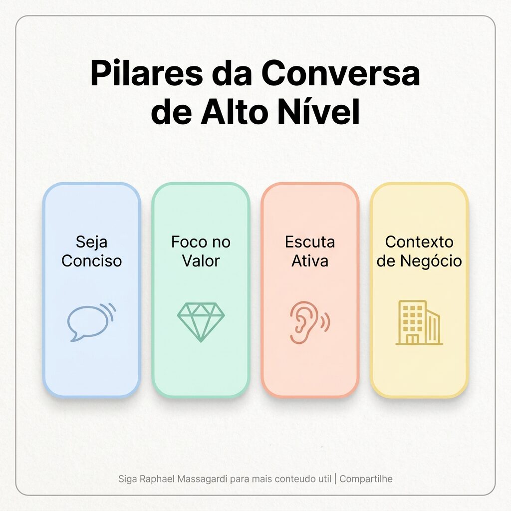 Infográfico minimalista pastel com quatro pilares verticais. Cada pilar tem um título como 'Seja Conciso', 'Foco no Valor', 'Escuta Ativa' e 'Contexto de Negócio', com ícones representativos. O título geral é 'Pilares da Conversa de Alto Nível'.