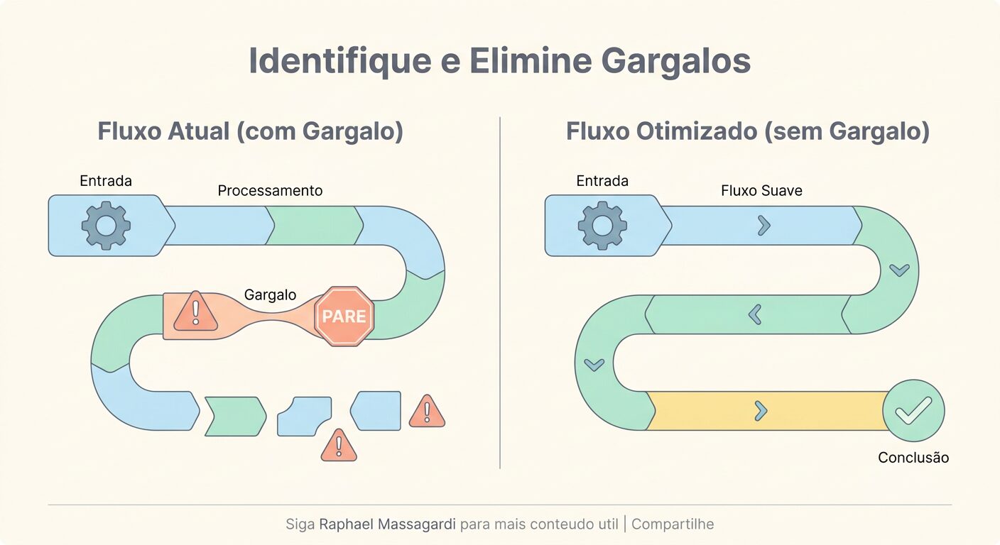 Infográfico minimalista contrastando dois fluxos de processo. Um fluxo é estreito e bloqueado, representando um gargalo, e o outro é amplo e suave. Textos em português: 'Identifique e Elimine Gargalos', 'Fluxo Atual (com Gargalo)', 'Fluxo Otimizado (sem Gargalo)'.