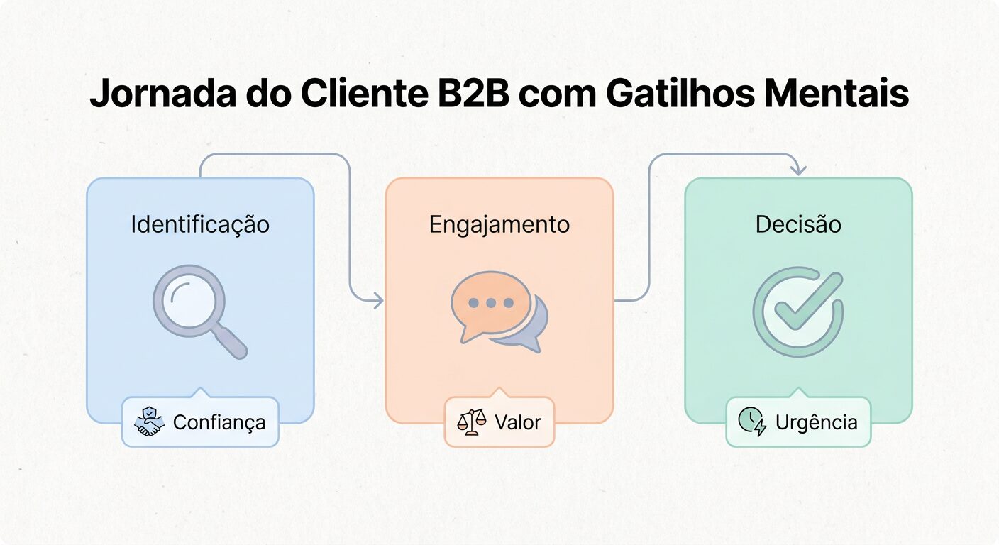 Infográfico minimalista pastel representando a 'Jornada do Cliente B2B com Gatilhos Mentais' através de um funil de três estágios (Identificação, Engajamento, Decisão) com gatilhos como Confiança, Valor e Urgência associados a cada etapa.