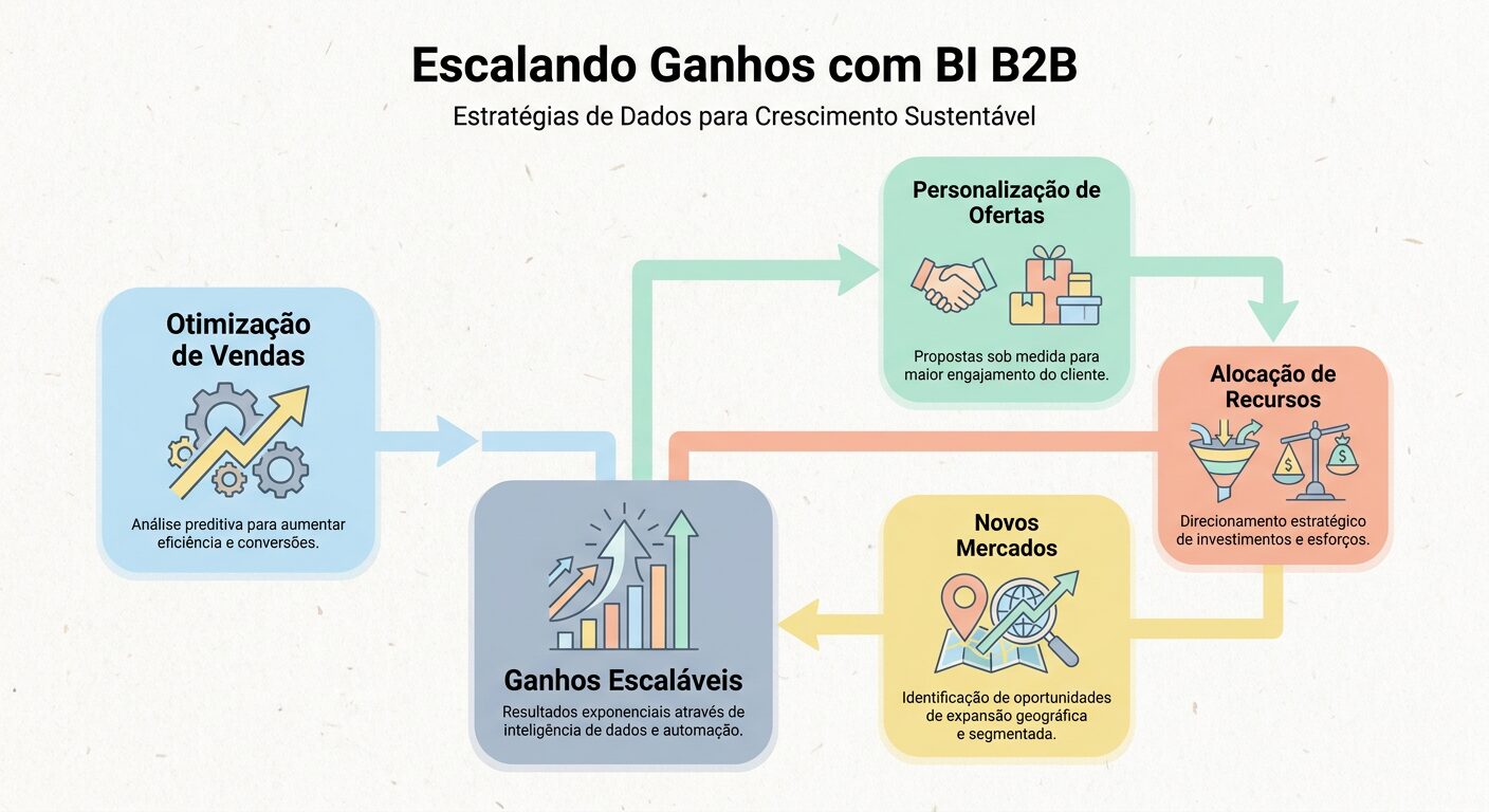 Infográfico minimalista em tons pastel sobre como escalar ganhos no B2B utilizando Business Intelligence. Apresenta caixas interligadas com ícones abstratos para otimização de vendas, personalização e novos mercados, com texto em português.