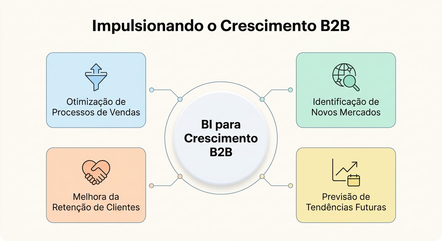 Infográfico circular minimalista com 'BI para Crescimento B2B' no centro, rodeado por quatro cards indicando benefícios: 'Otimização de Processos de Vendas', 'Identificação de Novos Mercados', 'Melhora da Retenção de Clientes' e 'Previsão de Tendências Futuras'.