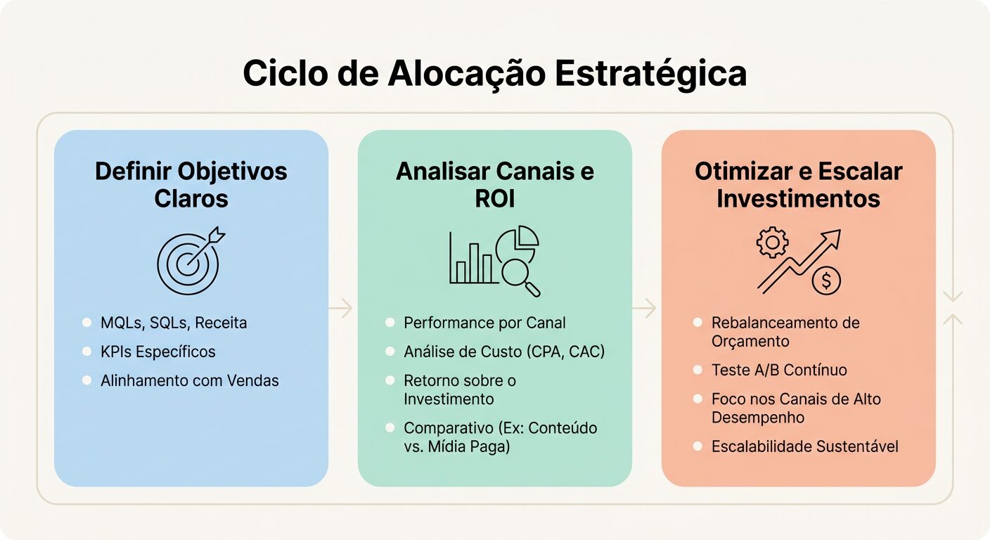 Infográfico minimalista com três cards horizontais conectados por setas finas, ilustrando o 'Ciclo de Alocação Estratégica' para o orçamento B2B: 'Definir Objetivos Claros', 'Analisar Canais e ROI' e 'Otimizar e Escalar Investimentos', com texto em português e cores pastel.