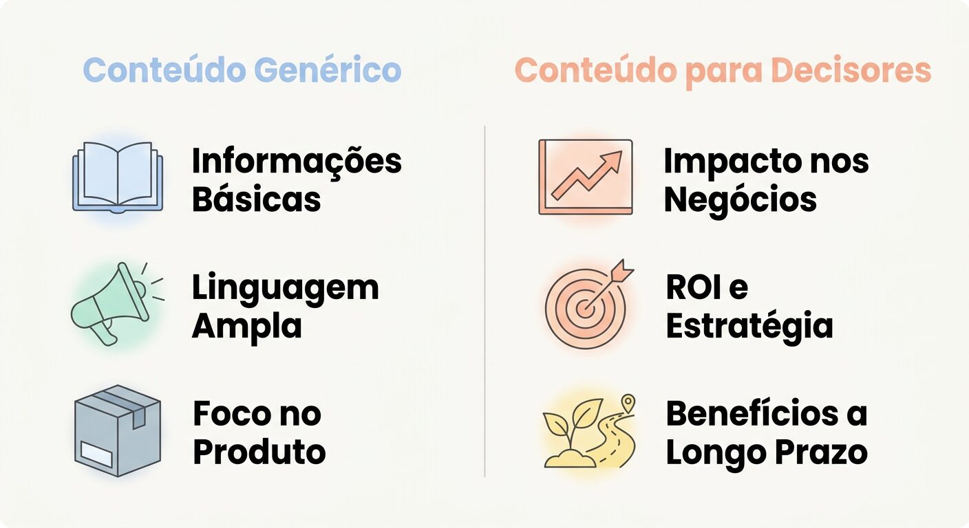 Infográfico minimalista em fundo off-white, comparando 'Conteúdo Genérico' e 'Conteúdo para Decisores' em duas colunas distintas. A coluna 'Genérico' mostra ícones para 'Informações Básicas', 'Linguagem Ampla' e 'Foco no Produto'. A coluna 'Decisores' apresenta ícones para 'Impacto nos Negócios', 'ROI e Estratégia' e 'Benefícios a Longo Prazo', todos em tons pastel com tipografia sans-serif bold.