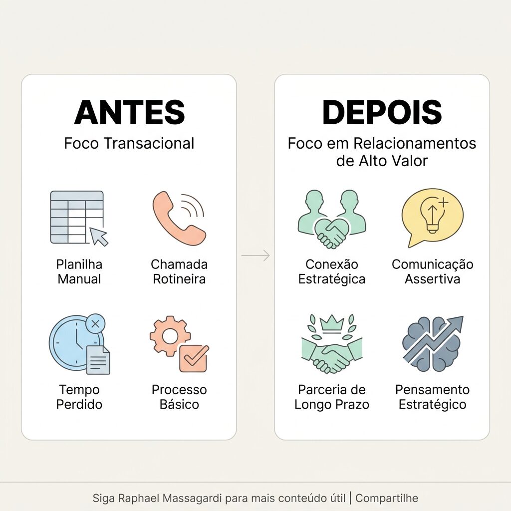 Infográfico comparativo 'Antes e Depois' em tons pastel, mostrando a mudança do 'Foco Transacional' para o 'Foco em Relacionamentos de Alto Valor' com ícones abstratos.