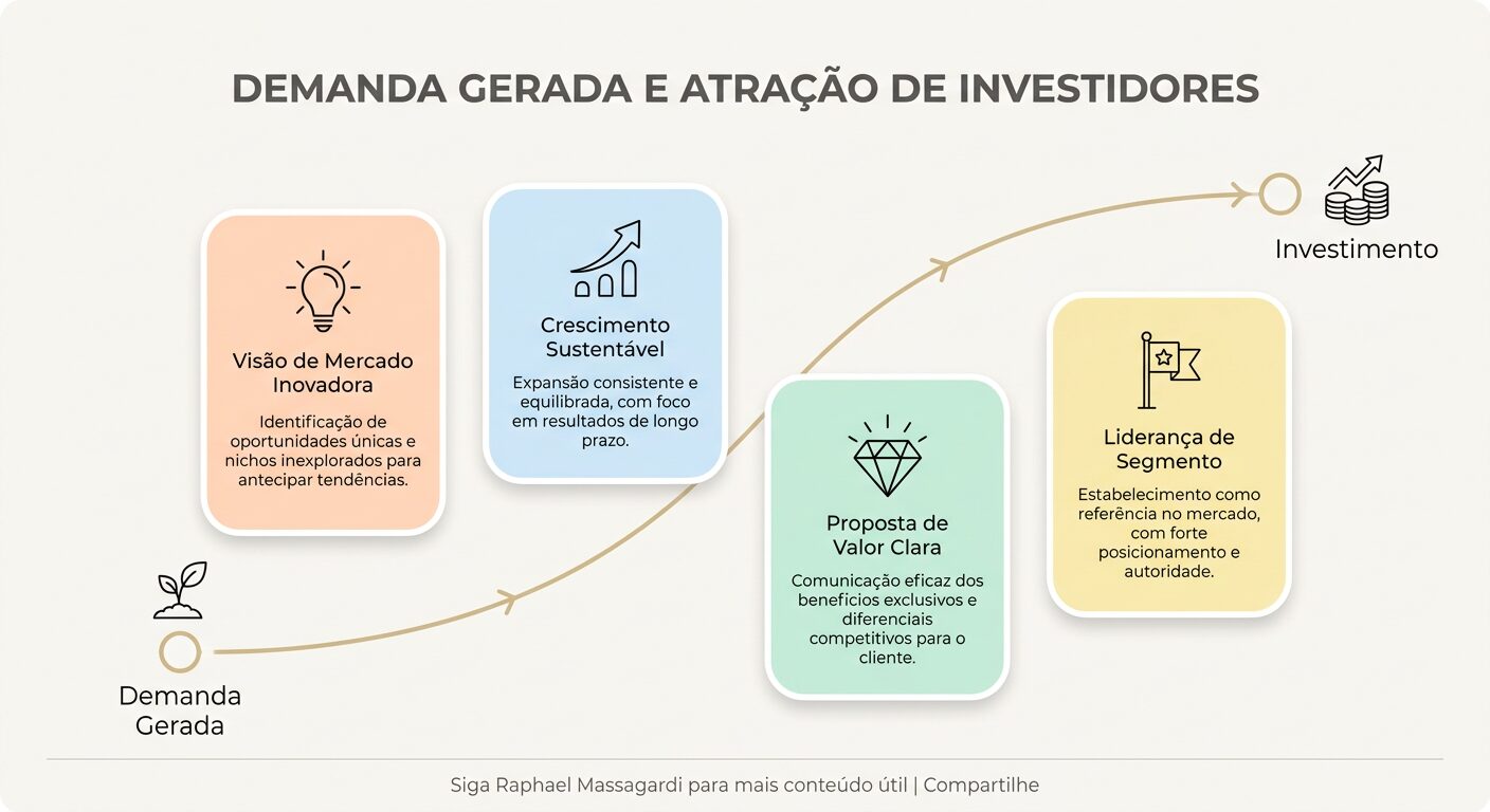 Infográfico minimalista com fundo off-white, mostrando uma linha de crescimento que conecta 'Demanda Gerada' a 'Investimento'. Pontos-chave em cartões pastel incluem 'Visão de Mercado Inovadora', 'Crescimento Sustentável', 'Proposta de Valor Clara' e 'Liderança de Segmento'. Inclui rodapé discreto.