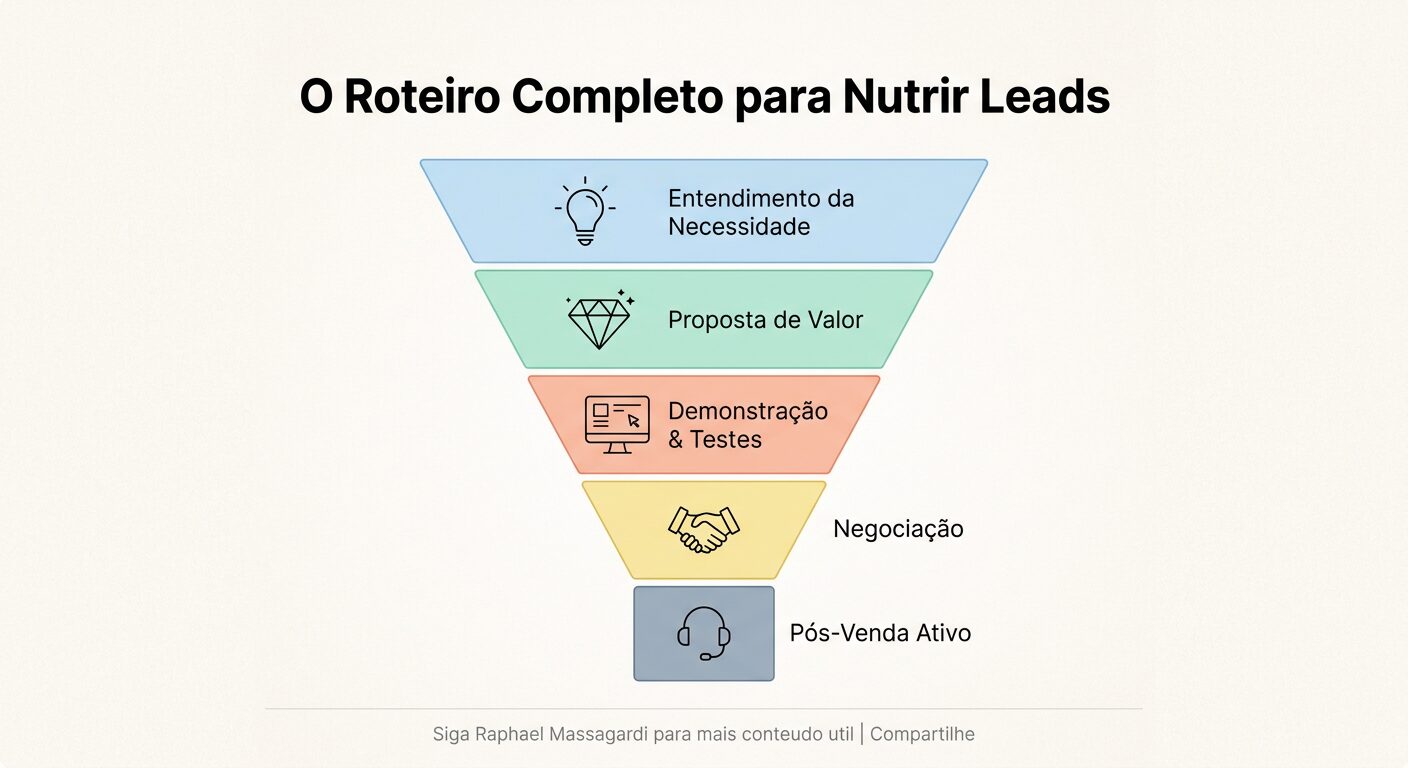 Infográfico minimalista em formato de funil detalhando o roteiro completo para nutrir leads B2B. As etapas incluem Entendimento da Necessidade, Proposta de Valor, Demonstração & Testes, Negociação e Pós-Venda Ativo, com ícones e texto em português, tudo em tons pastel e com design limpo.