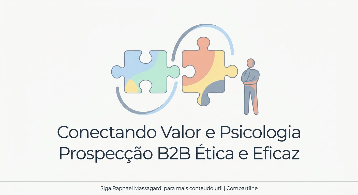 Ilustração editorial minimalista em tons pastel, mostrando duas peças de quebra-cabeça abstratas se encaixando suavemente, simbolizando 'Conectando Valor e Psicologia'. Um pequeno personagem genérico observa a conexão. O texto inclui 'Prospecção B2B Ética e Eficaz'. Fundo off-white. Há um rodapé discreto: 'Siga Raphael Massagardi para mais conteudo util | Compartilhe'.