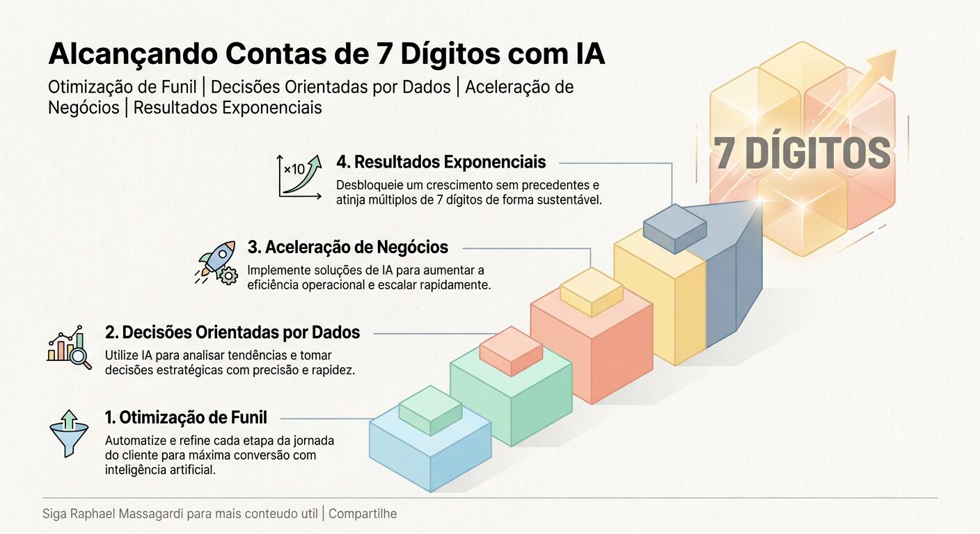 Infográfico minimalista com uma representação visual de crescimento, como blocos ascendentes ou uma seta apontando para cima, em cores pastel, sobre um fundo off-white. O título "Alcançando Contas de 7 Dígitos com IA" está no topo. Quatro pontos chave em Português são listados ao longo do caminho de crescimento: "Otimização de Funil", "Decisões Orientadas por Dados", "Aceleração de Negócios" e "Resultados Exponenciais", culminando em um ícone abstrato de '7 Dígitos'. O design é limpo e aspiracional. Um rodapé discreto em cinza claro contém a frase "Siga Raphael Massagardi para mais conteudo util | Compartilhe".