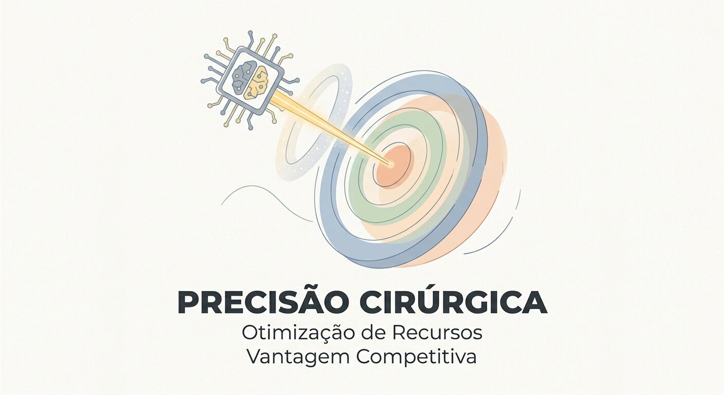 Ilustração editorial minimalista mostrando um alvo sendo atingido com precisão cirúrgica por uma flecha ou feixe de luz originado de um ícone de IA, simbolizando a otimização de recursos e vantagem competitiva, com texto em português.