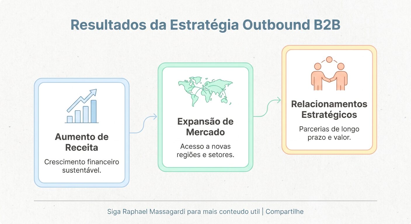 Infográfico minimalista em tons pastel mostrando os resultados da estratégia Outbound B2B. Três cards conectados em curva ascendente, cada um com um ícone simples, representam: Aumento de Receita, Expansão de Mercado e Relacionamentos Estratégicos. Título: Resultados da Estratégia Outbound B2B. Inclui rodapé de 'Siga Raphael Massagardi para mais conteúdo útil | Compartilhe'.