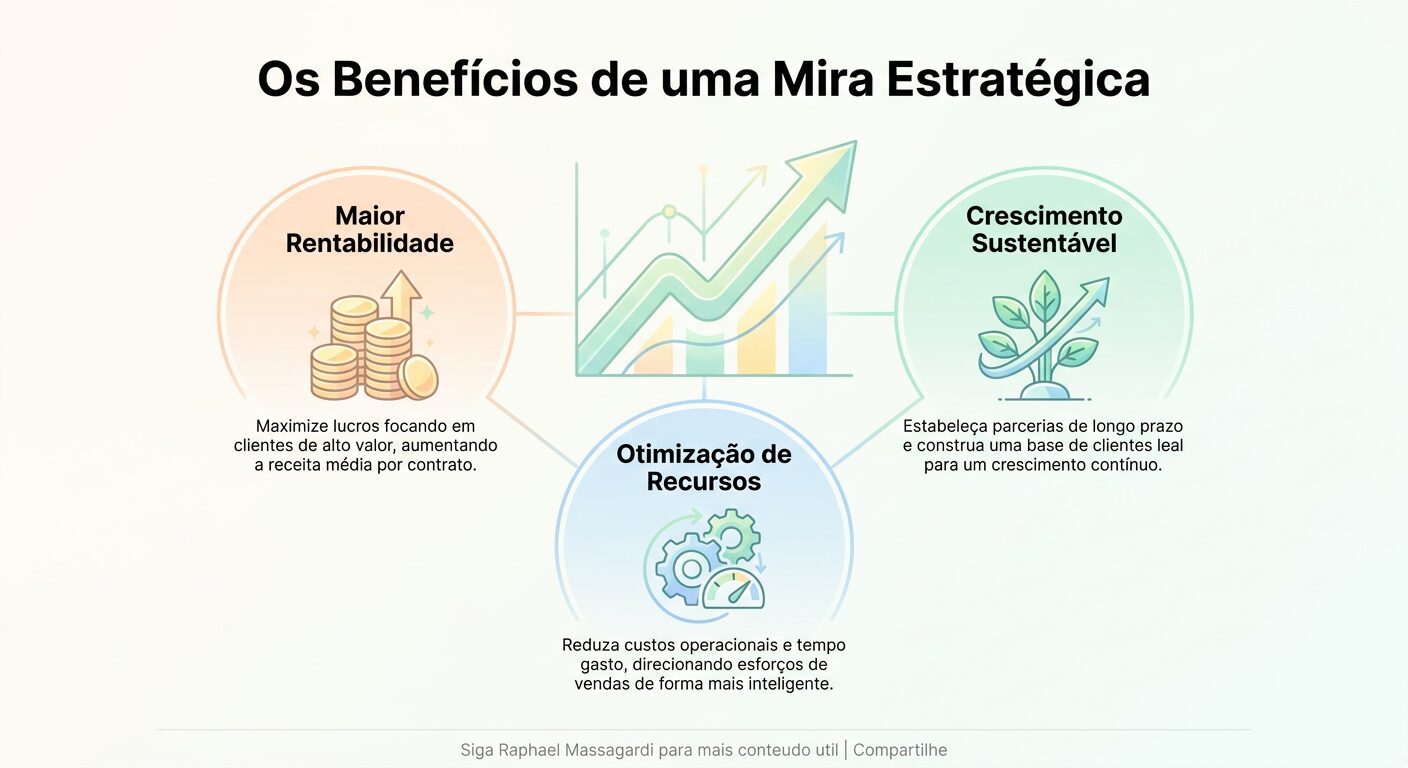 Infográfico minimalista apresentando os benefícios de uma mira estratégica em B2B. Três cards ao redor de um gráfico de crescimento central mostram 'Maior Rentabilidade', 'Crescimento Sustentável' e 'Otimização de Recursos'. O título é 'Os Benefícios de uma Mira Estratégica'. Um rodapé discreto está presente.