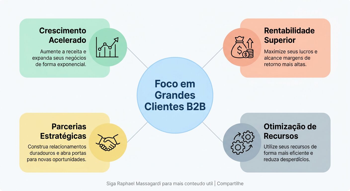 Infográfico minimalista com o tema central 'Foco em Grandes Clientes B2B' irradiando para quatro benefícios: 'Crescimento Acelerado', 'Rentabilidade Superior', 'Parcerias Estratégicas' e 'Otimização de Recursos', com ícones e cores pastel.