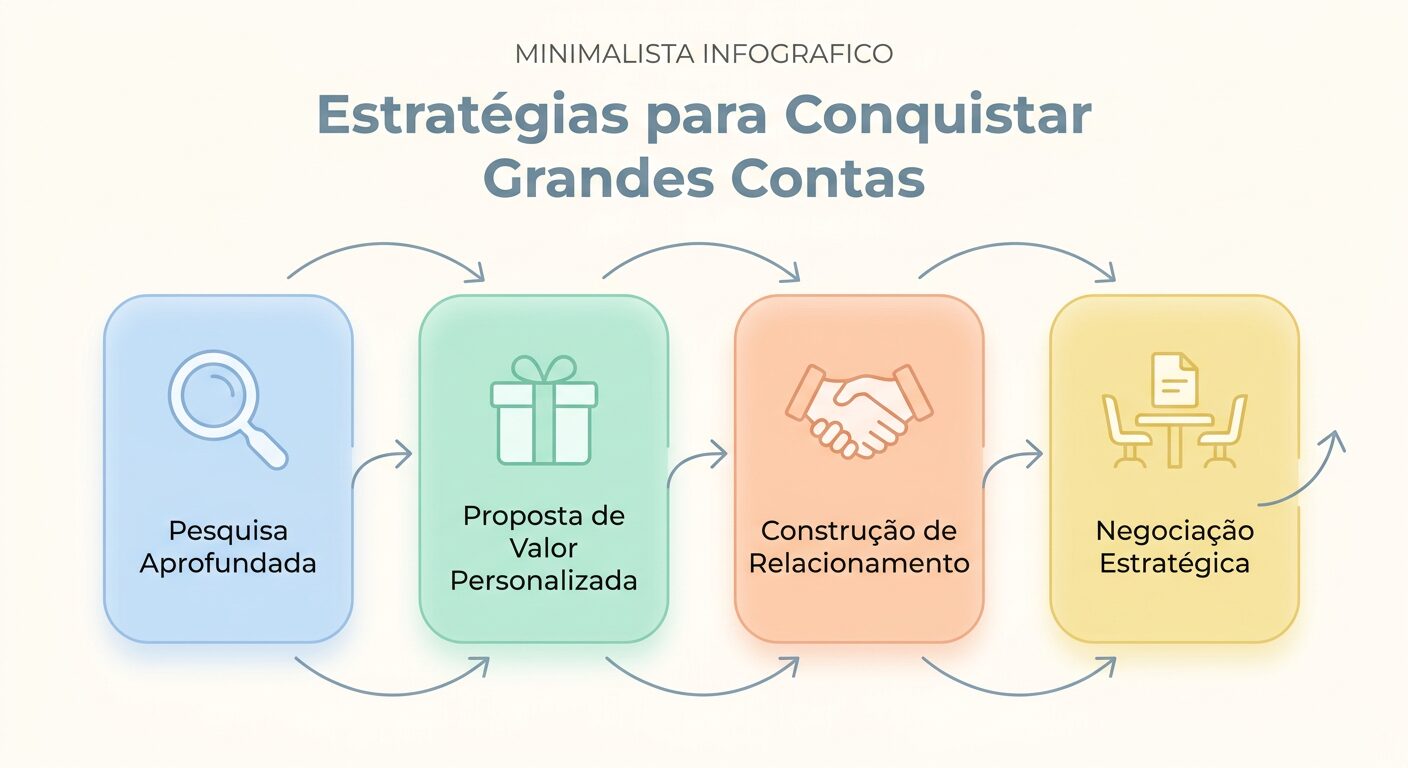 Infográfico minimalista apresentando quatro estratégias chave para conquistar grandes contas B2B: 'Pesquisa Aprofundada', 'Proposta de Valor Personalizada', 'Construção de Relacionamento' e 'Negociação Estratégica'. As etapas são conectadas por setas em um fluxo linear. Cores pastel, layout clean.