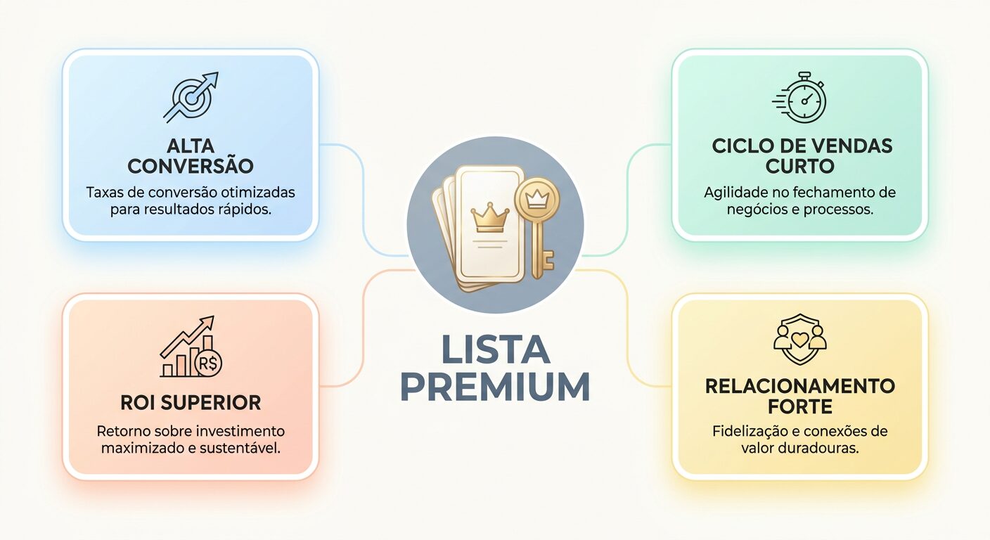 Infográfico minimalista destacando os benefícios de uma 'Lista Premium' na prospecção B2B, como alta conversão, ciclo de vendas curto, ROI superior e relacionamento forte, ilustrado com cards elegantes em tons pastel.