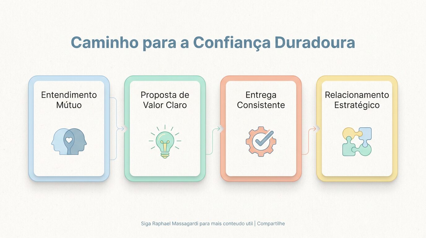 Infográfico minimalista pastel com um diagrama de fluxo horizontal de quatro etapas: 'Entendimento Mútuo', 'Proposta de Valor Claro', 'Entrega Consistente' e 'Relacionamento Estratégico', cada uma com um ícone sutil. O título é 'Caminho para a Confiança Duradoura'.