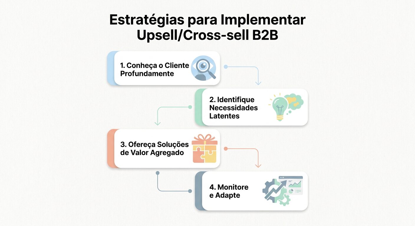 Infográfico minimalista com quatro etapas numeradas em cards arredondados, dispostas em um fluxo. Cada card contém um ícone simples e um título em Português descrevendo uma estratégia de upsell/cross-sell B2B: 'Conheça o Cliente Profundamente', 'Identifique Necessidades Latentes', 'Ofereça Soluções de Valor Agregado' e 'Monitore e Adapte'.