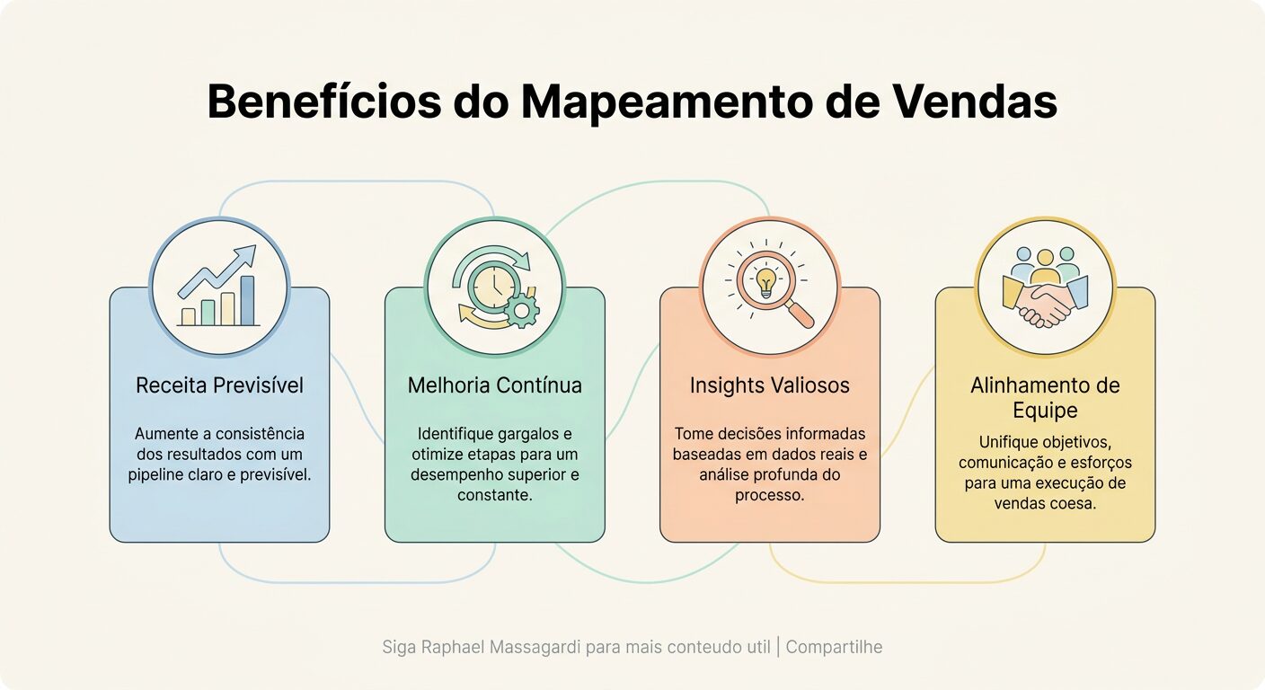 Infográfico minimalista listando os benefícios do mapeamento de vendas. Quatro cards arredondados, cada um com um ícone e um benefício em português: 'Receita Previsível', 'Melhoria Contínua', 'Insights Valiosos', 'Alinhamento de Equipe'.