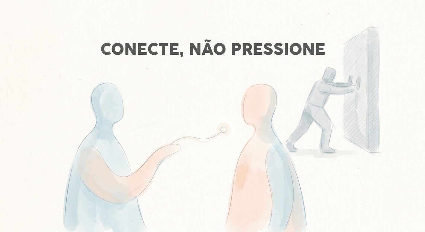 Ilustração editorial minimalista pastel com figuras abstratas, uma conectando suavemente e outra pressionando contra uma barreira. A mensagem central é 'Conecte, Não Pressione', ilustrando abordagens contrastantes na prospecção B2B.