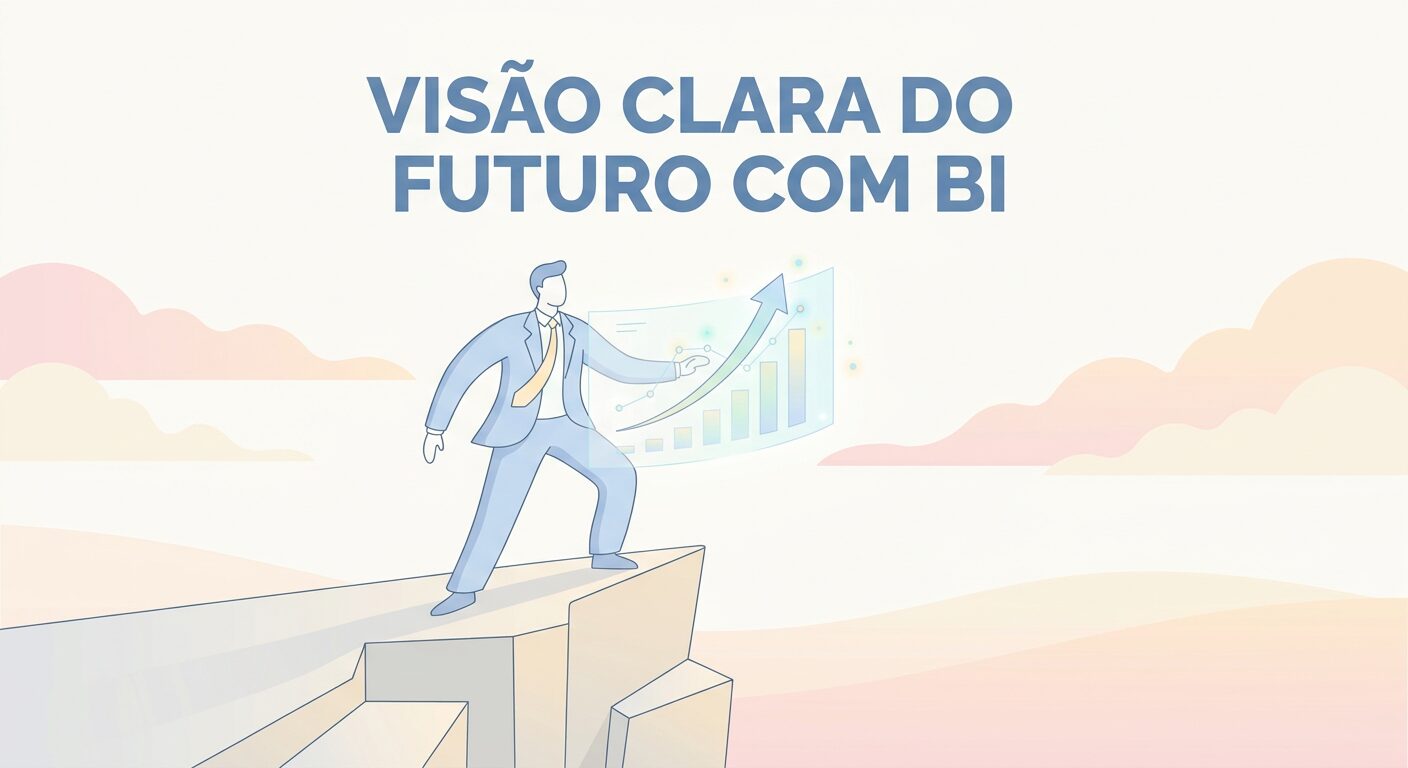 Ilustração editorial minimalista de um personagem genérico, de costas, em um penhasco estilizado, olhando para um horizonte claro. Uma visualização de dados holográfica com uma tendência de alta flutua à frente, simbolizando 'Visão Clara do Futuro com BI'.