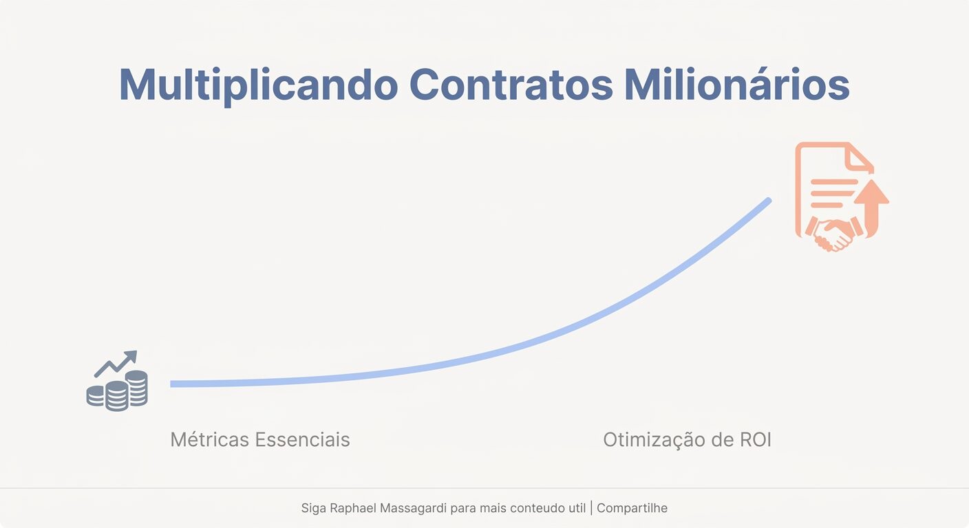Infográfico minimalista mostrando um gráfico de linha ascendente em tons pastel, partindo de um ícone de investimento e culminando em um ícone de contrato, com o título 'Multiplicando Contratos Milionários' e as legendas 'Métricas Essenciais' e 'Otimização de ROI' em português.
