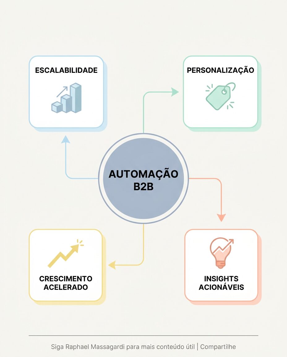 Infográfico minimalista e em tons pastel, apresentando 'Automação B2B' no centro com quatro benefícios irradiando: 'Escalabilidade', 'Personalização', 'Insights Acionáveis' e 'Crescimento Acelerado', cada um com um ícone simples.