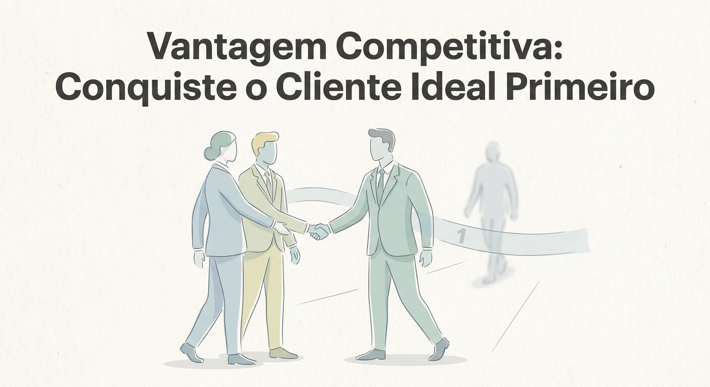 Ilustração editorial minimalista em tons pastel sobre um fundo off-white, mostrando duas figuras corporativas estilisadas apertando as mãos de uma figura de cliente, simbolizando a conquista antecipada de um cliente ideal. O texto em destaque diz: 'Vantagem Competitiva: Conquiste o Cliente Ideal Primeiro'.