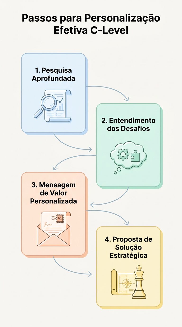 Infográfico minimalista mostrando os 'Passos para Personalização Efetiva C-Level': Pesquisa Aprofundada, Entendimento dos Desafios, Mensagem de Valor Personalizada e Proposta de Solução Estratégica, cada etapa ilustrada com um ícone e um cartão arredondado.
