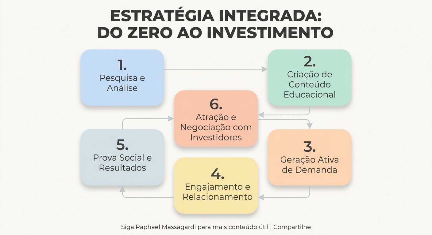Infográfico minimalista com fundo off-white, mostrando um ciclo de seis passos em cartões pastel intitulado 'ESTRATÉGIA INTEGRADA: DO ZERO AO INVESTIMENTO'. Os passos incluem pesquisa, conteúdo educacional, geração de demanda, engajamento, prova social e atração de investidores. Inclui rodapé discreto.