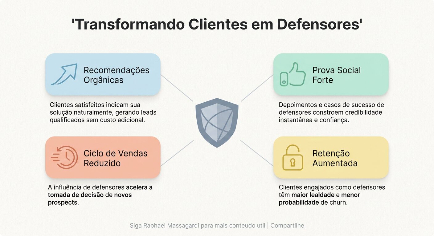 Infográfico minimalista sobre como transformar clientes em defensores no B2B. A imagem centraliza um ícone de escudo, representando o defensor, e irradia para quatro cards com os benefícios: Recomendações Orgânicas, Prova Social Forte, Ciclo de Vendas Reduzido e Retenção Aumentada, com texto em português e design pastel clean.